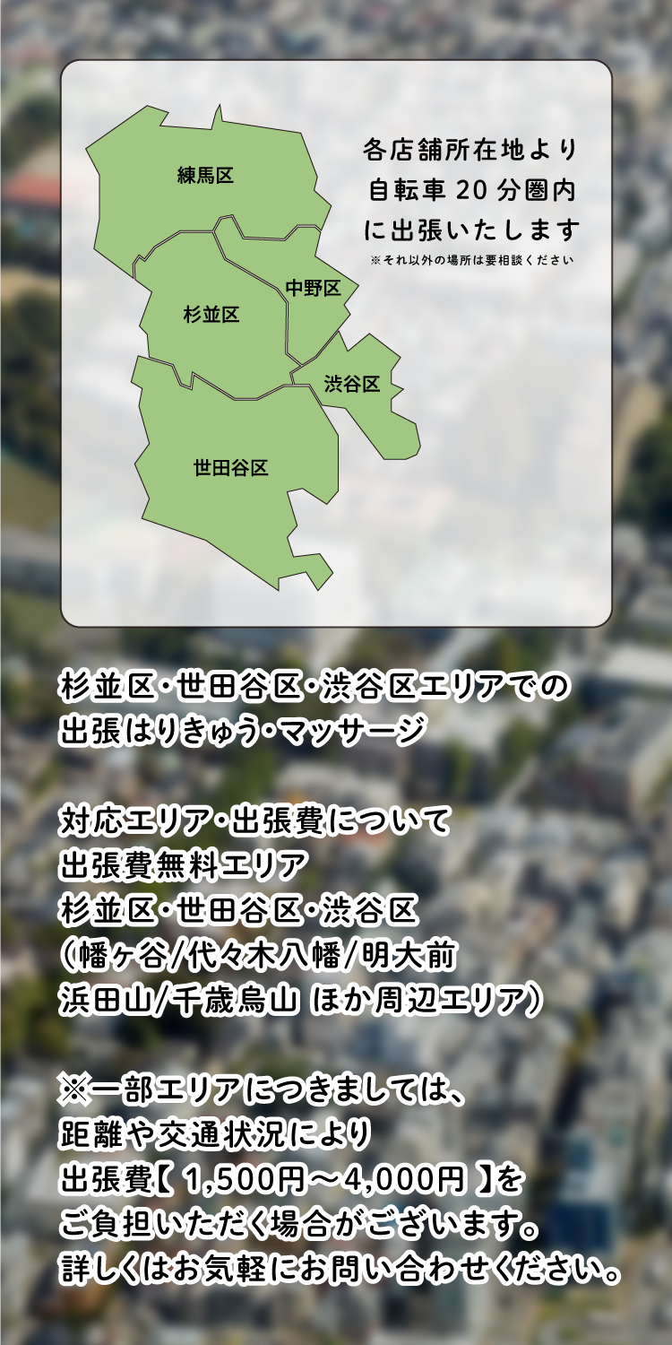 杉並区・世田谷区・渋谷区エリアでの 出張はりきゅう・マッサージ 対応エリア・出張費について 出張費無料エリア 杉並区・世田谷区・渋谷区 （幡ヶ谷/代々木八幡/明大前 浜田山/千歳烏山 ほか周辺エリア） ※一部エリアにつきましては、 距離や交通状況により 出張費【 1,500円～4,000円 】を ご負担いただく場合がございます。 詳しくはお気軽にお問い合わせください。
