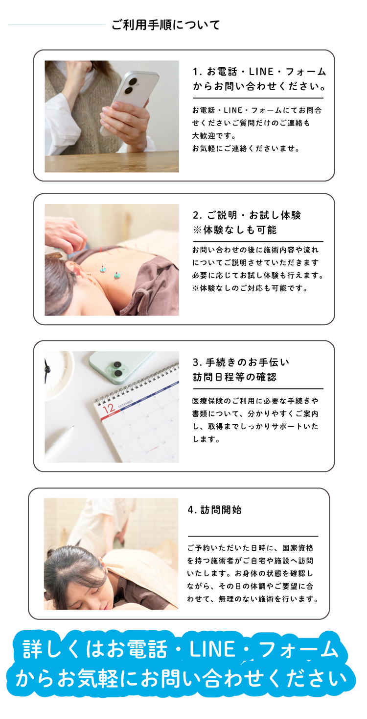 訪問鍼灸・マッサージのご利用手順のご案内。 まずはお電話・LINE・フォームからお気軽にお問い合わせください。ご質問のみのご連絡も歓迎です。 お問い合わせ後、施術内容や流れについて分かりやすくご説明し、ご希望に応じてお試し体験も行えます。体験なしでのご案内も可能です。 その後、医療保険のご利用に必要な手続きや書類についてご案内し、取得までしっかりサポートします。あわせて訪問日程を確認します。 ご予約いただいた日時に、国家資格を持つ施術者がご自宅や施設へ訪問し、お身体の状態や体調に合わせて無理のない施術を行います。 詳しくはお電話・LINE・フォームからお気軽にお問い合わせください。